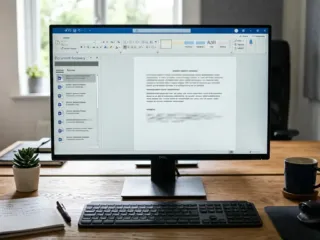 Monitor de computadora mostrando la interfaz de recuperación de documentos de Word en un escritorio de trabajo.