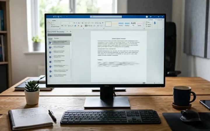 Monitor de computadora mostrando la interfaz de recuperación de documentos de Word en un escritorio de trabajo.