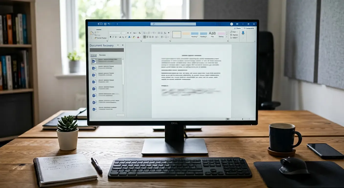 Monitor de computadora mostrando la interfaz de recuperación de documentos de Word en un escritorio de trabajo.