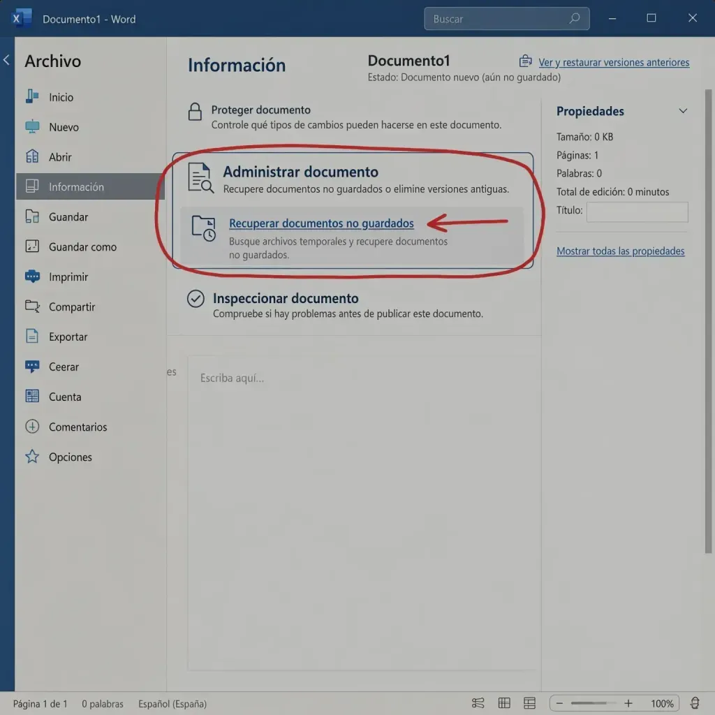 Menú de opciones de Word señalando la función Administrar documento y Recuperar documentos no guardados