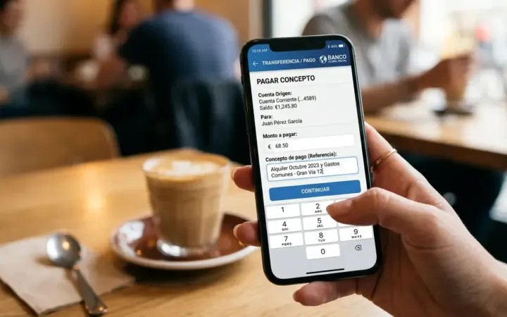 Pantalla de teléfono celular mostrando el campo de concepto de pago en una aplicación de banca móvil.