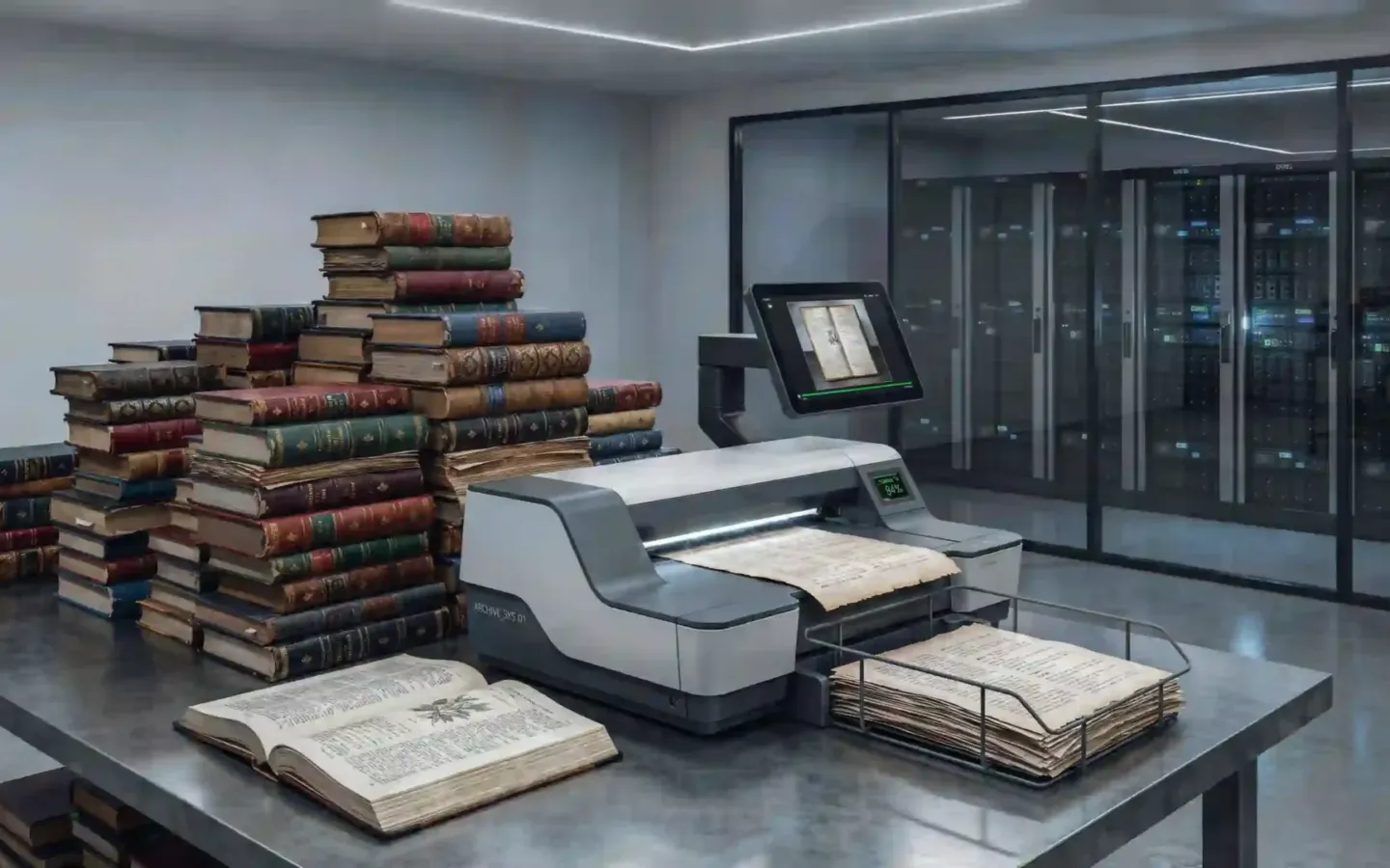 Pilas de libros físicos junto a escáneres automáticos de alta velocidad en un centro de digitalización y procesamiento de datos para Inteligencia Artificial.