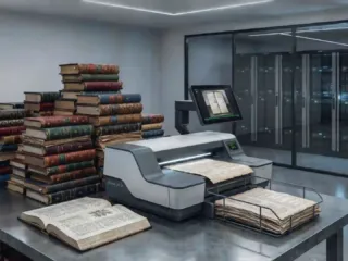 Pilas de libros físicos junto a escáneres automáticos de alta velocidad en un centro de digitalización y procesamiento de datos para Inteligencia Artificial.