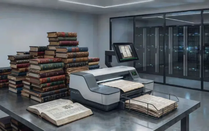 Pilas de libros físicos junto a escáneres automáticos de alta velocidad en un centro de digitalización y procesamiento de datos para Inteligencia Artificial.