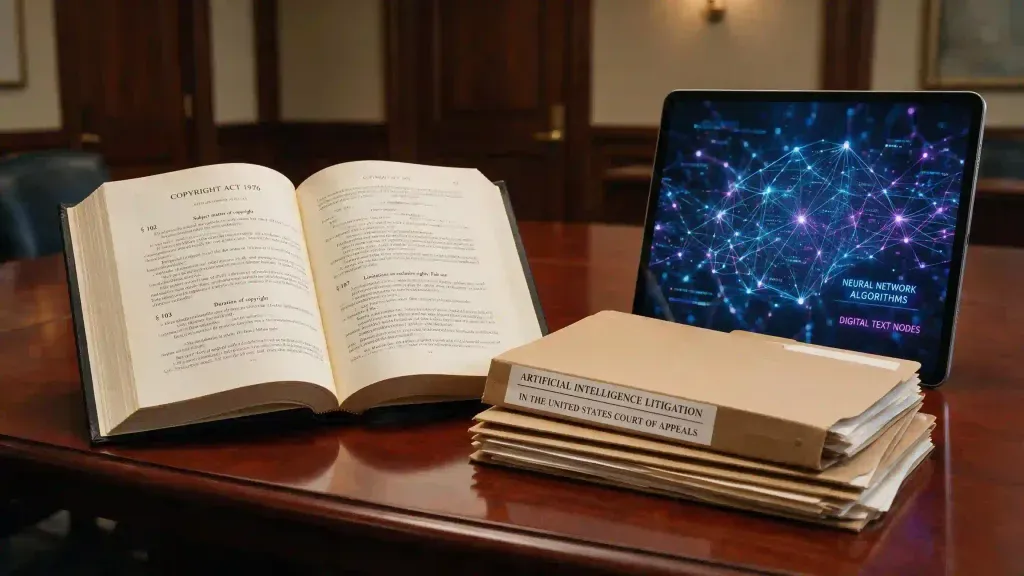 Expedientes legales de derechos de autor y tablet con diagramas de algoritmos de lenguaje natural sobre una mesa de juntas.