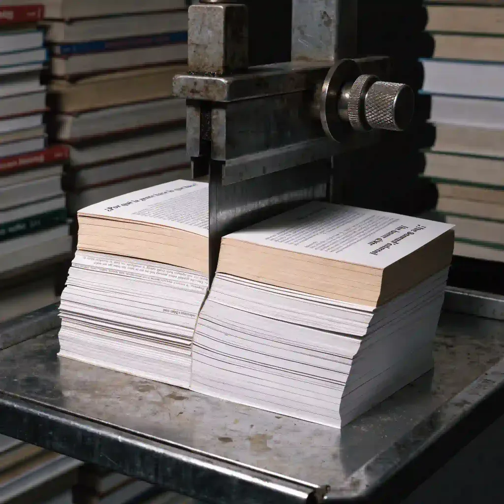 Detalle de páginas de libros impresos en proceso de deshojado y corte industrial para escaneo masivo.