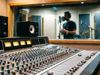 Consola de mezclas profesional en estudio de grabación con cabina acústica iluminada al fondo.