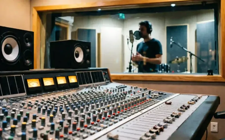 Consola de mezclas profesional en estudio de grabación con cabina acústica iluminada al fondo.