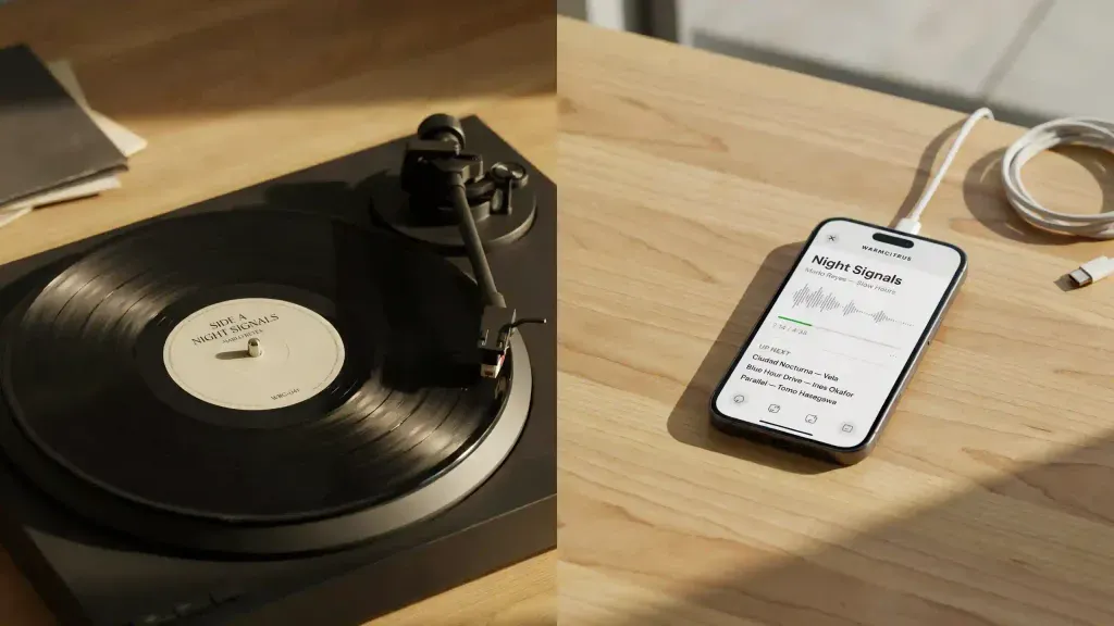 Tornamesa reproduciendo un disco de vinilo junto a un teléfono móvil con aplicación de música en streaming.