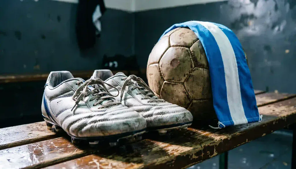 Botines de fútbol, balón y brazalete de capitán en el vestidor simbolizando el retiro y legado deportivo de Lionel Messi.