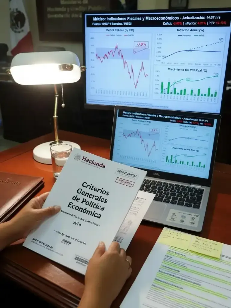 Documentos oficiales de Criterios Generales de Política Económica y gráficas de finanzas públicas sobre un escritorio.