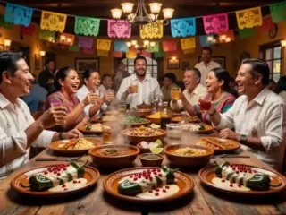 Mesa festiva con platillos típicos mexicanos como chiles en nogada y pozole en un restaurante abarrotado durante las Fiestas Patrias.