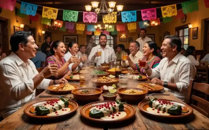 Mesa festiva con platillos típicos mexicanos como chiles en nogada y pozole en un restaurante abarrotado durante las Fiestas Patrias.