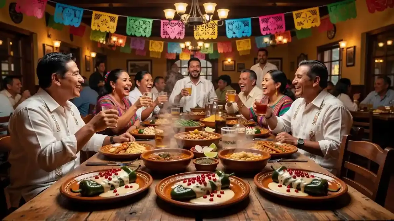 Mesa festiva con platillos típicos mexicanos como chiles en nogada y pozole en un restaurante abarrotado durante las Fiestas Patrias.