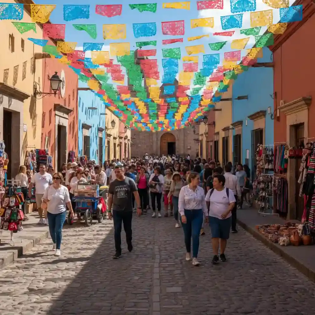 Turistas recorriendo calles empedradas adornadas con papel picado y banderas en una ciudad colonial mexicana.