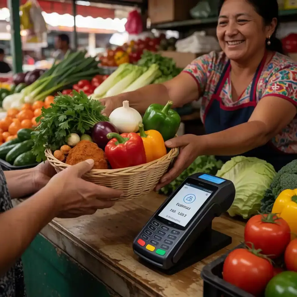 Comerciante cobrando compras de insumos para la cena patria en un mercado local mediante pago digital.