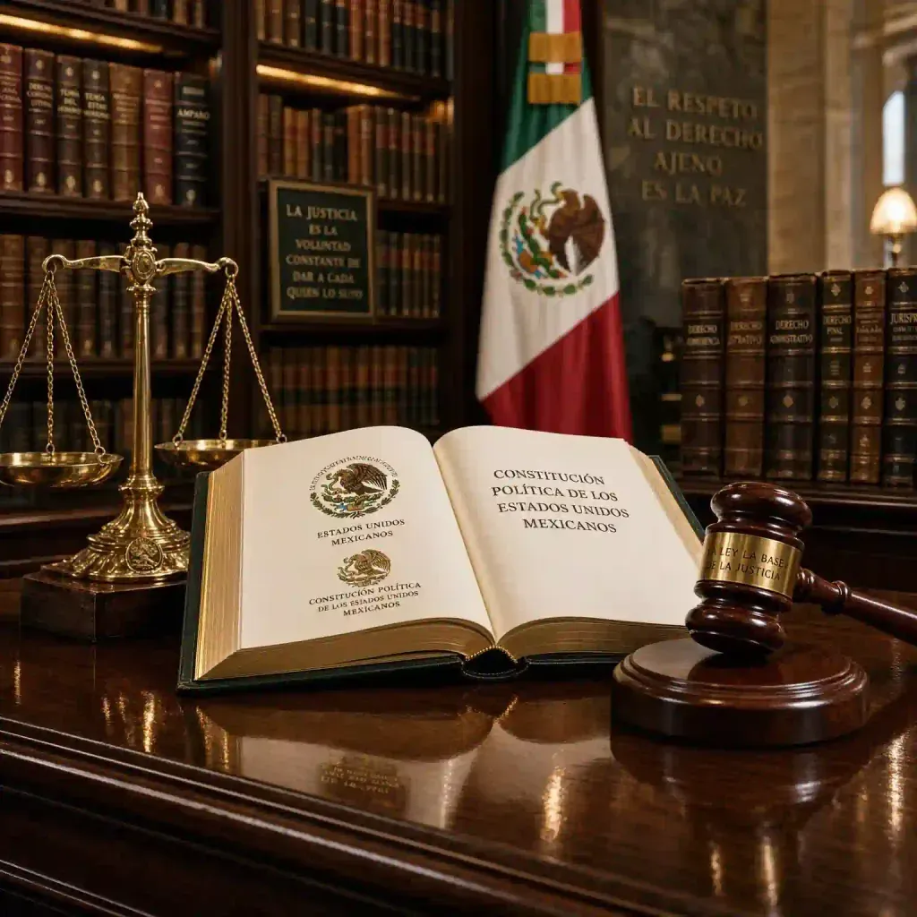 Ejemplar de la Constitución mexicana, balanza de la justicia y mallete judicial sobre un escritorio de audiencias.