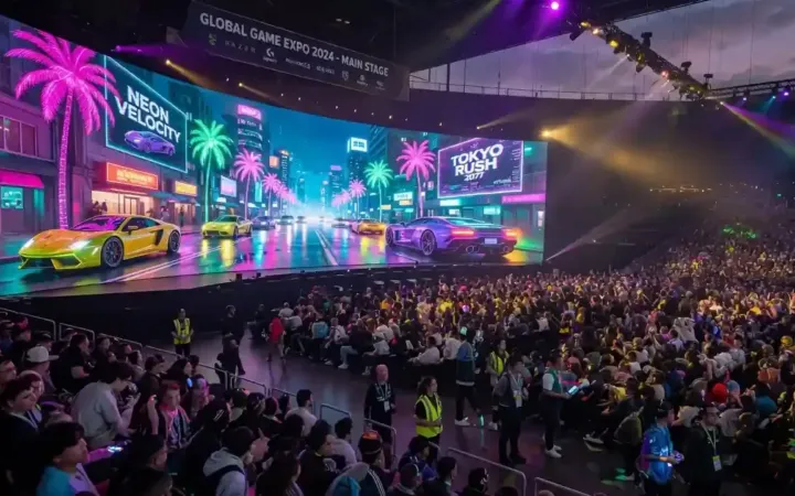 Pantalla gigante en una convención de videojuegos mostrando gráficos hiperrealistas de mundo abierto frente a una multitud.