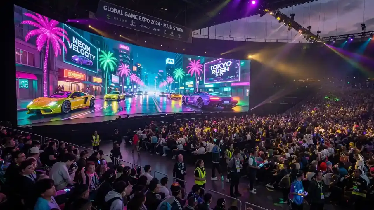 Pantalla gigante en una convención de videojuegos mostrando gráficos hiperrealistas de mundo abierto frente a una multitud.
