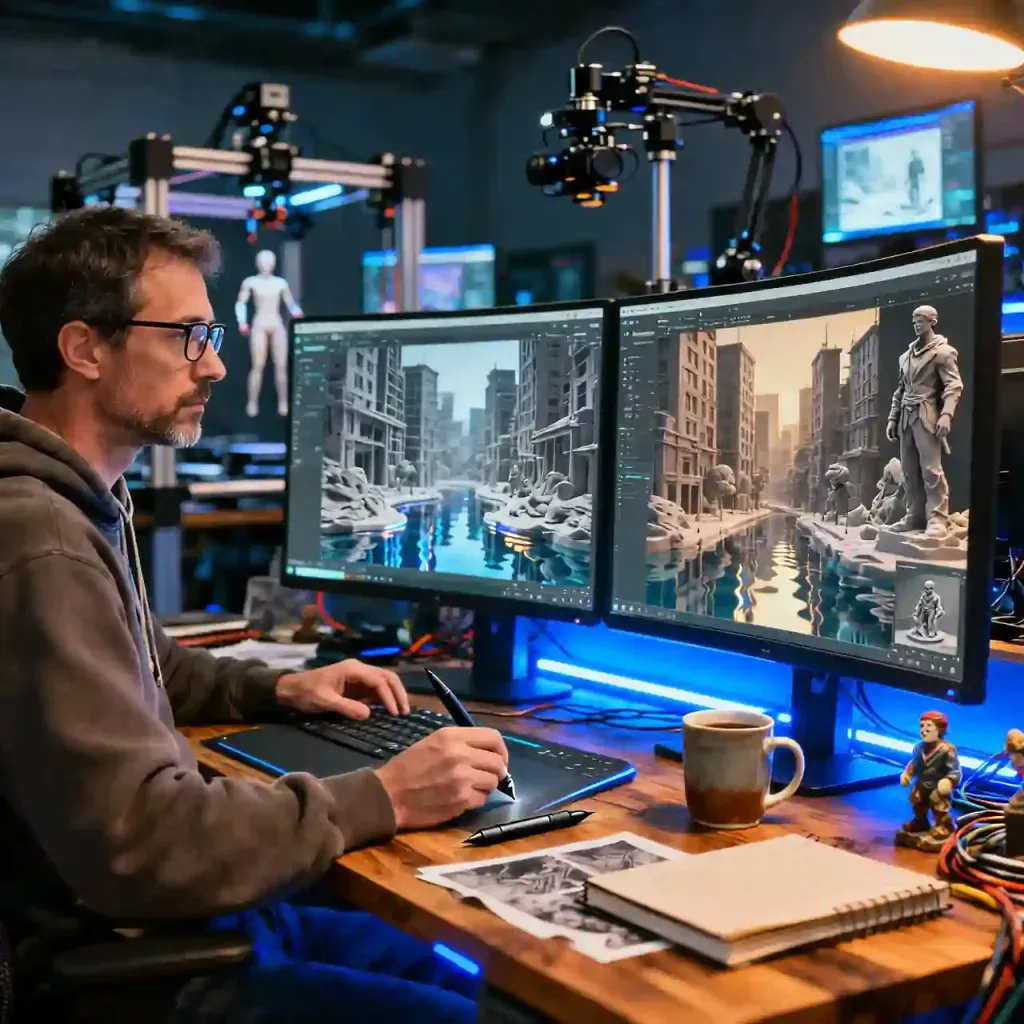Desarrollador de videojuegos modelando escenarios urbanos hiperrealistas en un estudio de producción AAA.