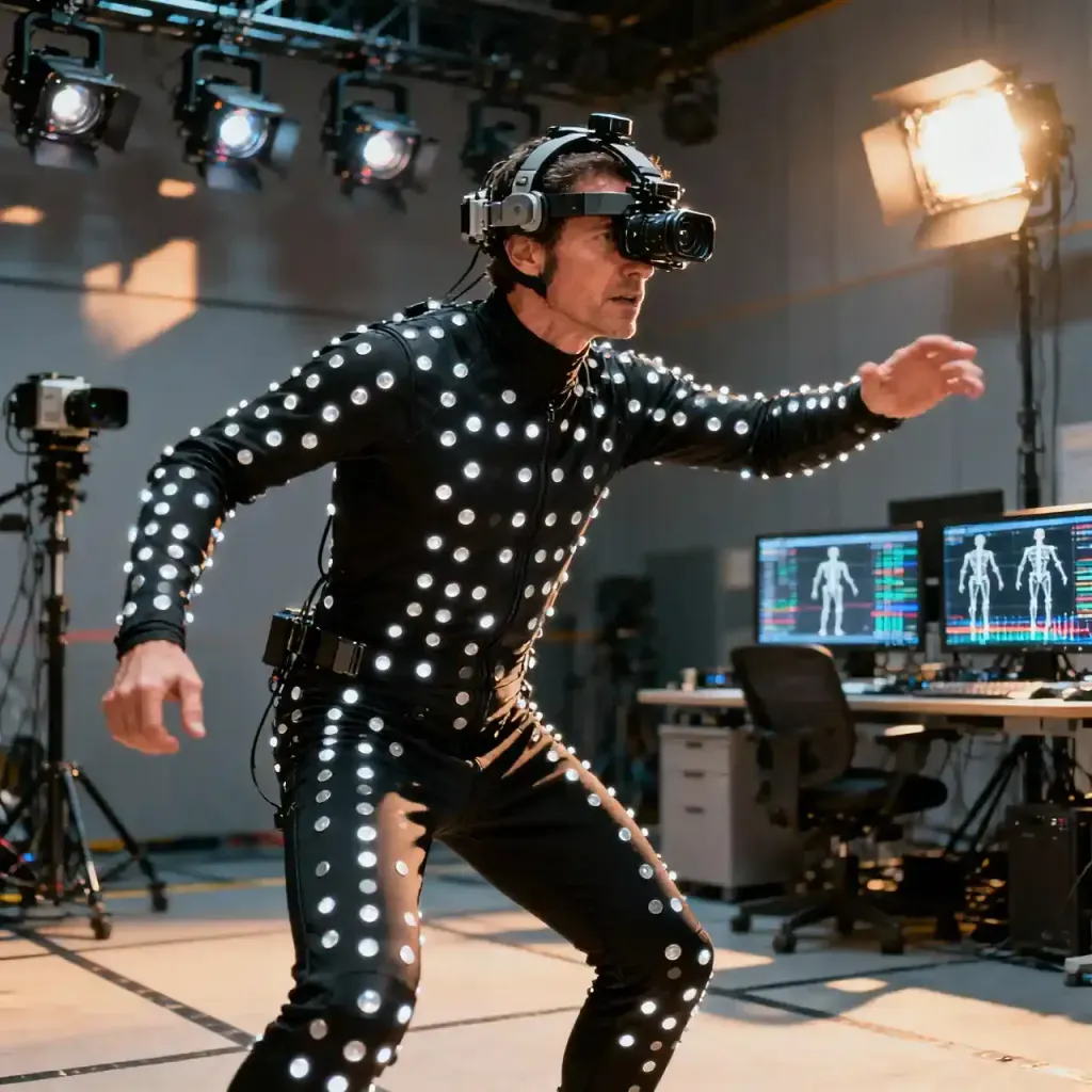 Actor en traje de captura de movimiento con sensores ópticos en un estudio de grabación de videojuegos.