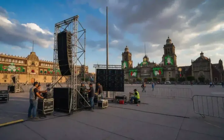 Montaje de escenarios y vallas de seguridad en la plancha del Zócalo capitalino para las celebraciones del 15 de septiembre.