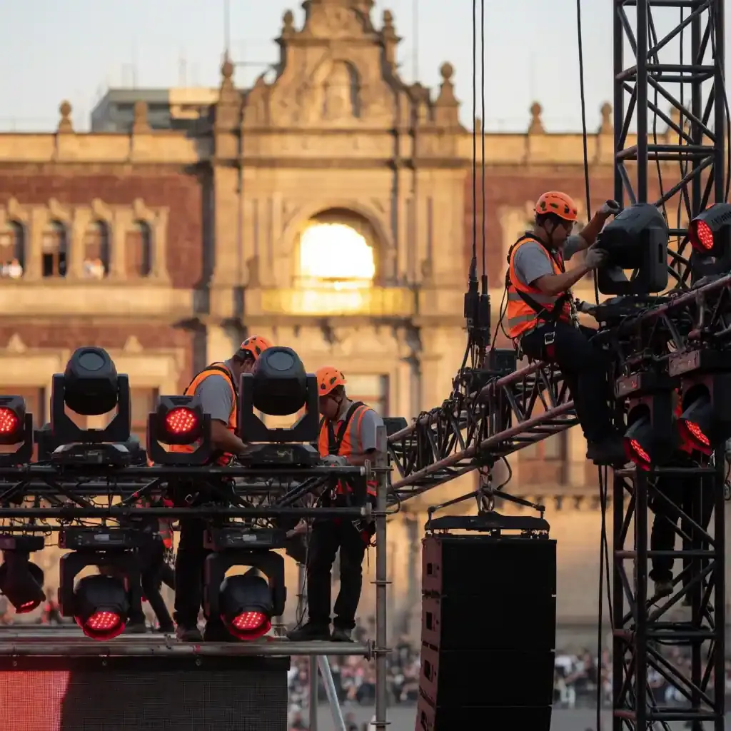 Técnicos de iluminación y sonido montando reflectores en la estructura del escenario en el Zócalo.