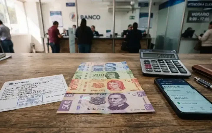 Billetes de pesos mexicanos y ficha de depósito bancario sobre un escritorio de trabajo.