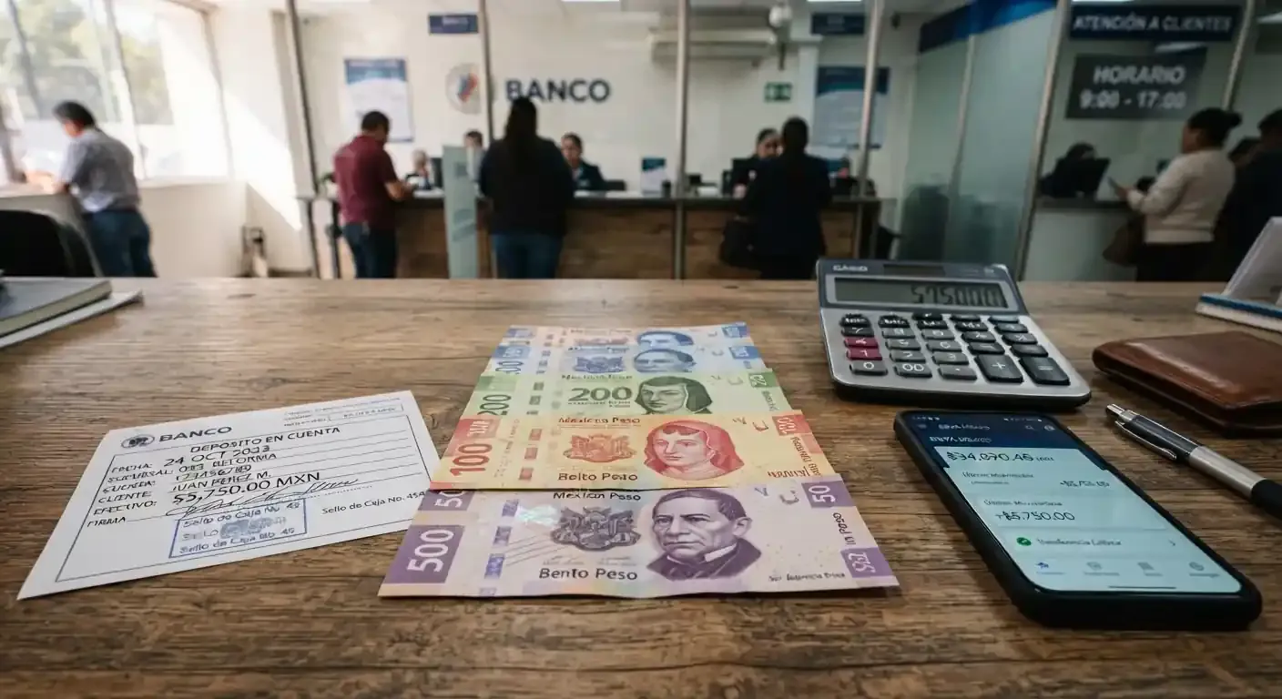 Billetes de pesos mexicanos y ficha de depósito bancario sobre un escritorio de trabajo.