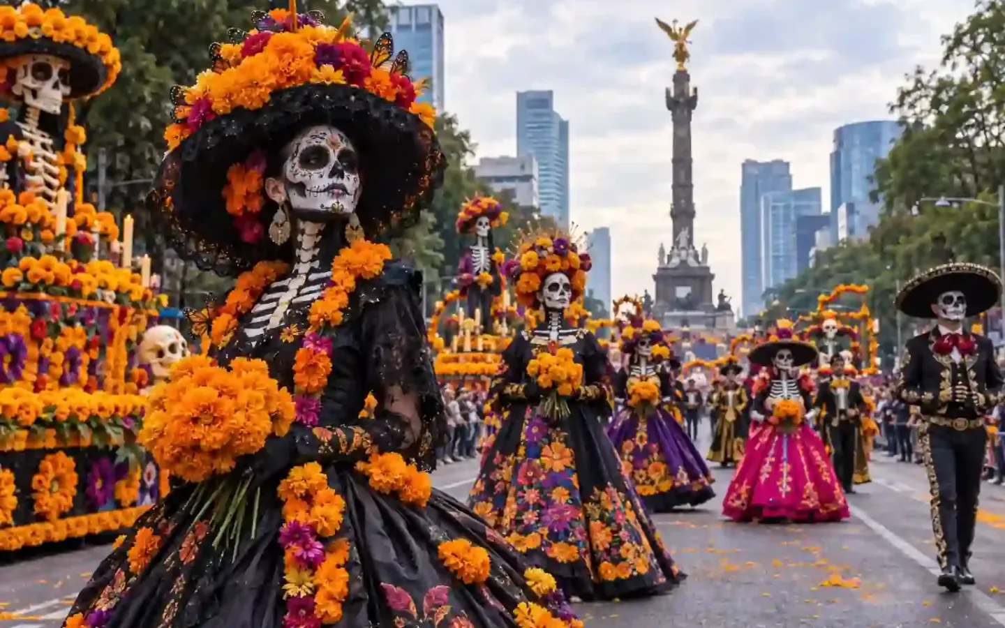 Desfile de Día de Muertos en Paseo de la Reforma con catrinas y flores de cempasúchil en la Ciudad de México.