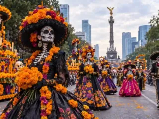 Desfile de Día de Muertos en Paseo de la Reforma con catrinas y flores de cempasúchil en la Ciudad de México.