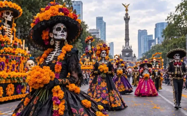 Desfile de Día de Muertos en Paseo de la Reforma con catrinas y flores de cempasúchil en la Ciudad de México.