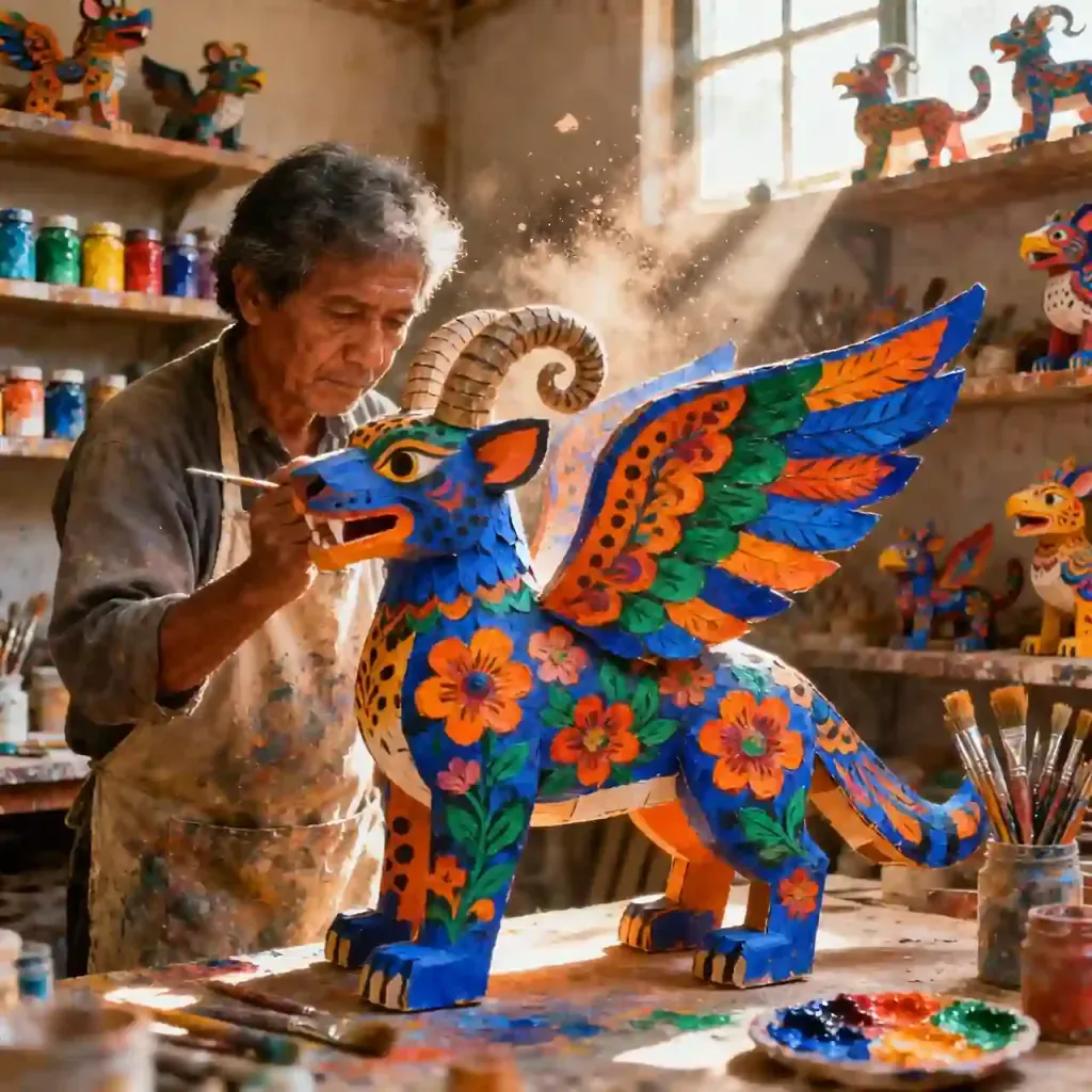 Artesano aplicando pintura y detalles a un alebrije monumental de cartonería tradicional.