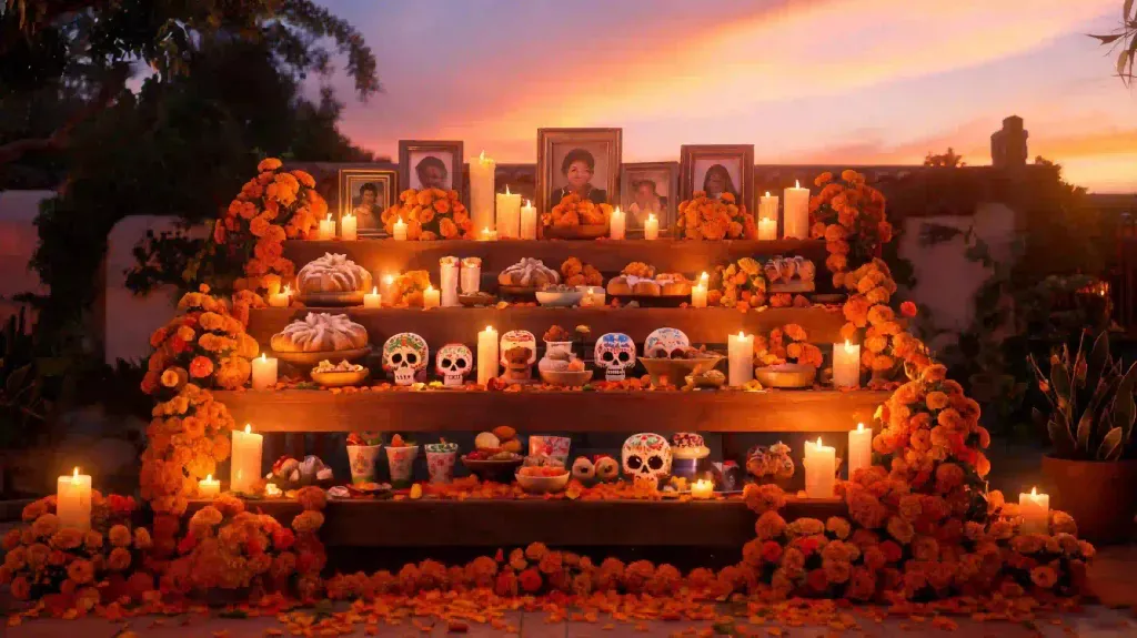 Altar tradicional de Día de Muertos iluminado con veladoras y flor de cempasúchil al atardecer.