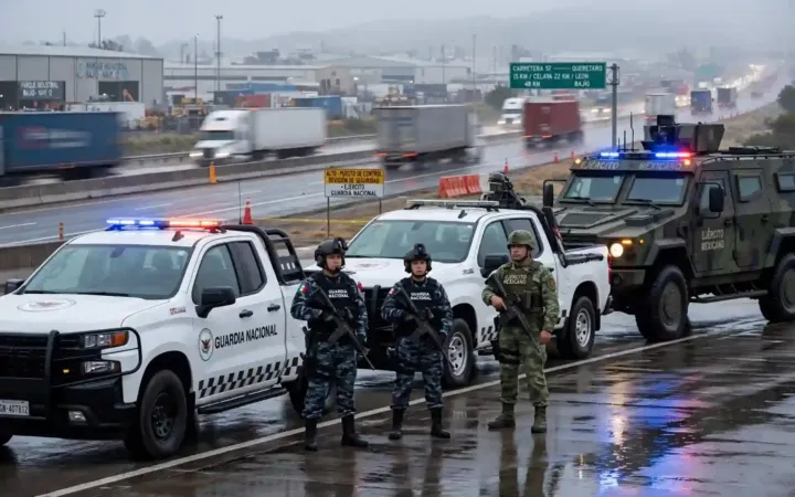 Operativo de la Guardia Nacional y fuerzas federales en un punto de inspección carretera en el Bajío mexicano.