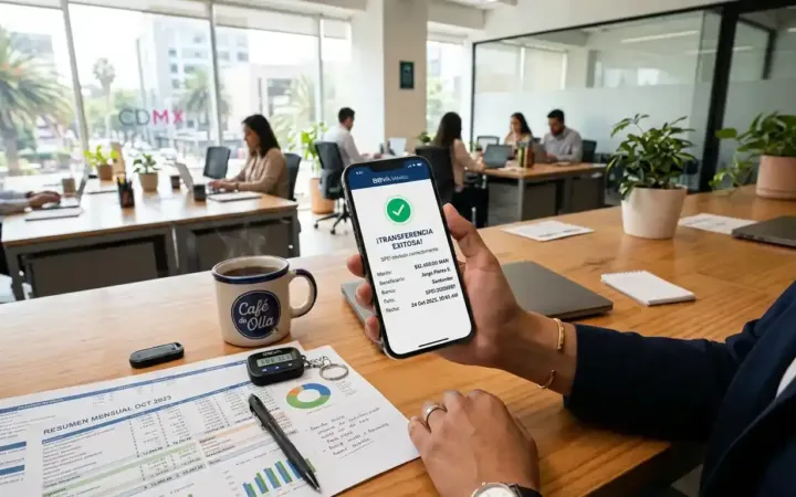 Teléfono celular mostrando la confirmación de una transferencia SPEI exitosa en una aplicación bancaria en México.