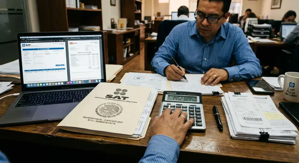 Estados de cuenta bancarios, calculadora y documentos fiscales para comprobación de transferencias ante el SAT.