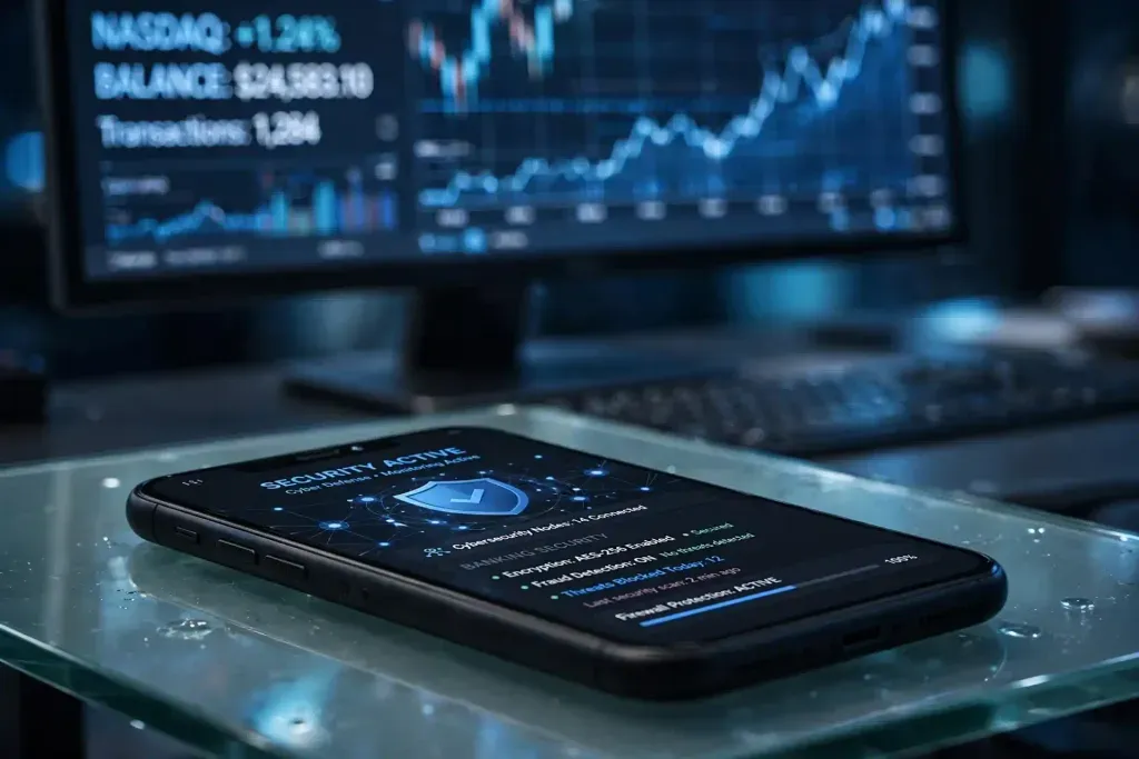 Teléfono móvil con icono de protección y escudo de ciberseguridad para banca digital y SPEI.