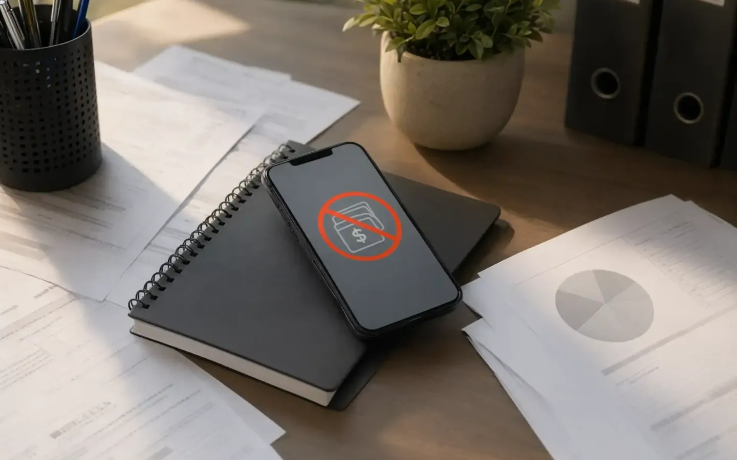 Teléfono inteligente con notificación de cuenta bancaria restringida sobre un escritorio con documentos.