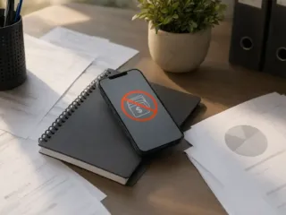 Teléfono inteligente con notificación de cuenta bancaria restringida sobre un escritorio con documentos.