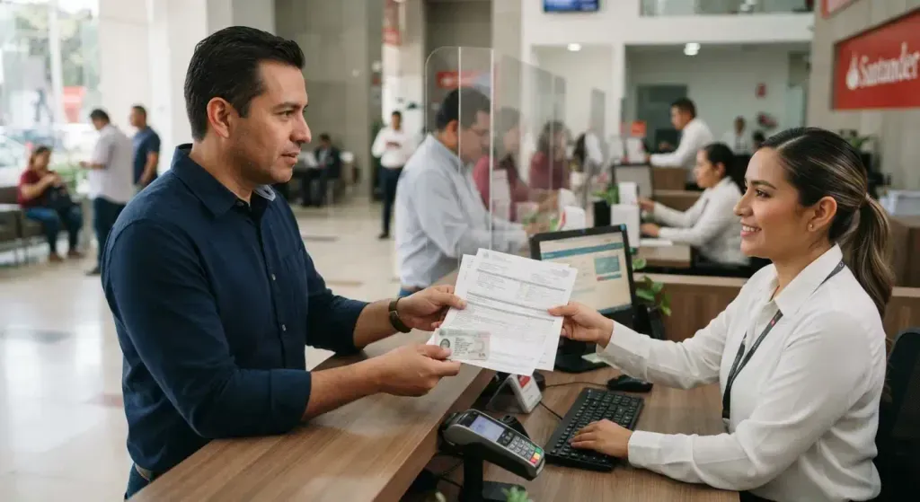 Usuario entregando documentos de identificación y comprobantes fiscales en sucursal bancaria.