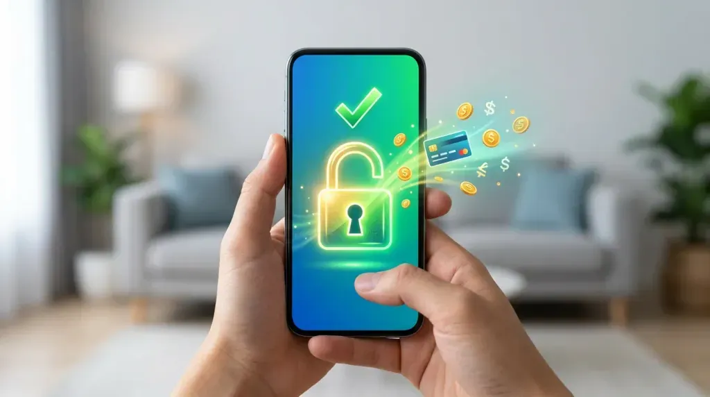 Representación conceptual de desbloqueo exitoso de cuenta bancaria en un smartphone.