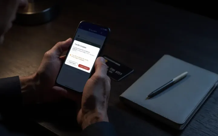 Usuario revisando en su teléfono móvil una alerta de transferencia bancaria realizada por error.