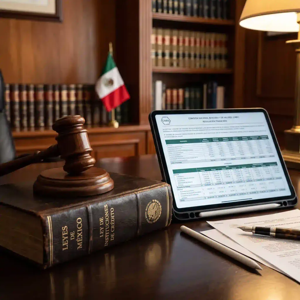 Mazo de juez y tablet con documentos legales sobre regulación bancaria y restitución de fondos.