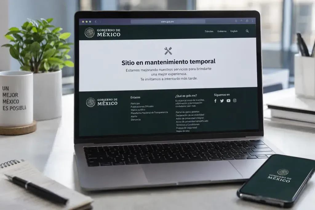 Pantalla de mantenimiento temporal en un sitio web del gobierno tras actualización de seguridad.