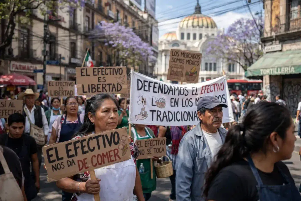 Manifestación de comerciantes de mercado público en México defendiendo el uso del dinero en efectivo.