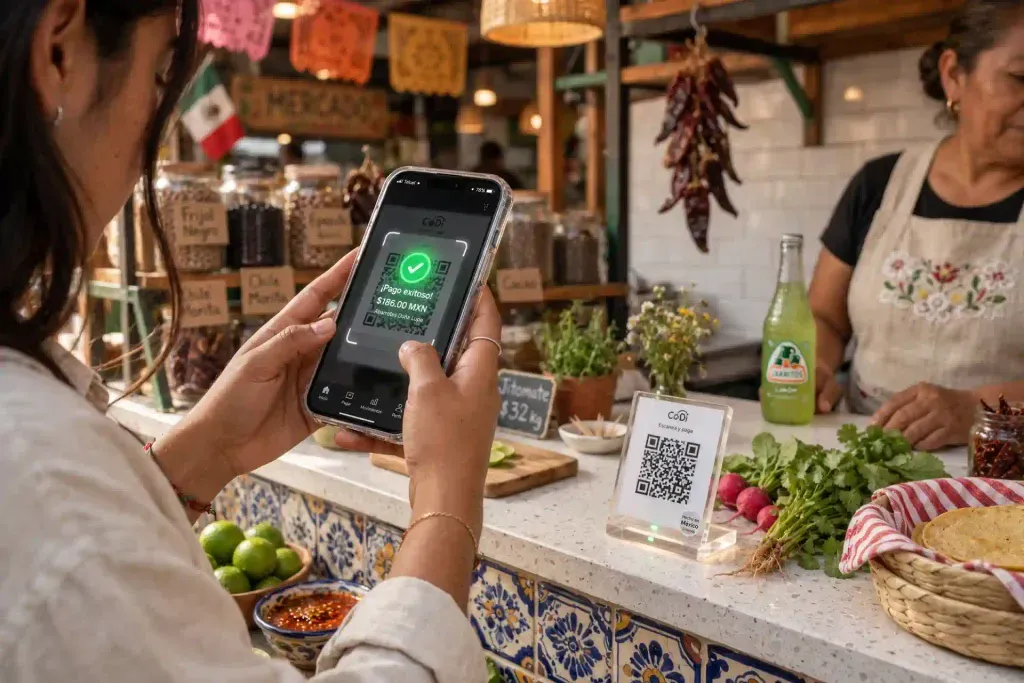 Escaneo de código QR en un puesto de mercado para realizar un cobro digital rápido.