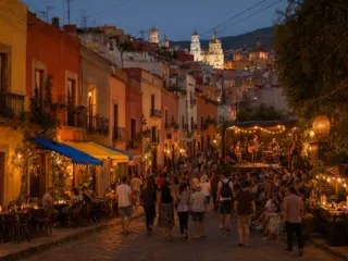 Ambiente nocturno y escenario cultural en las plazas de Guanajuato durante el festival.