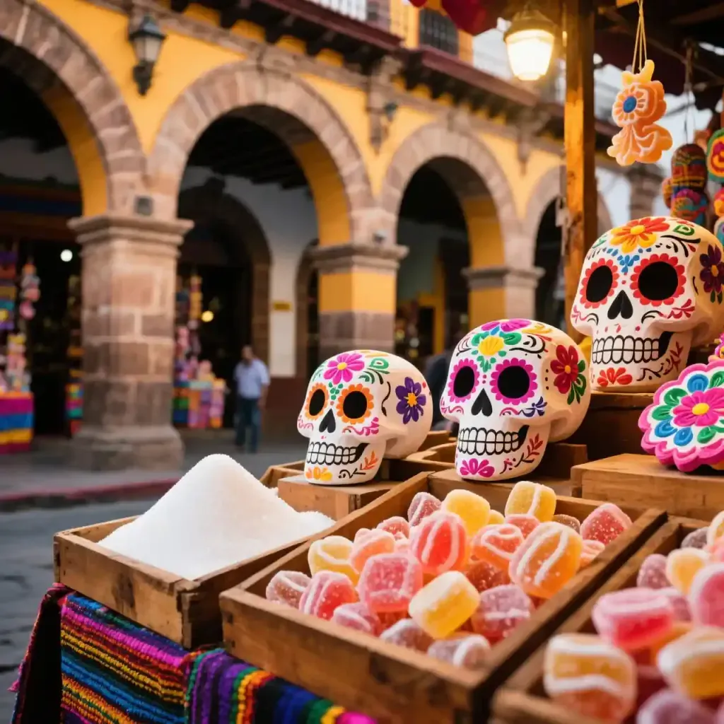 Muestra de calaveritas de azúcar y dulces de alfeñique en los Portales de Toluca.