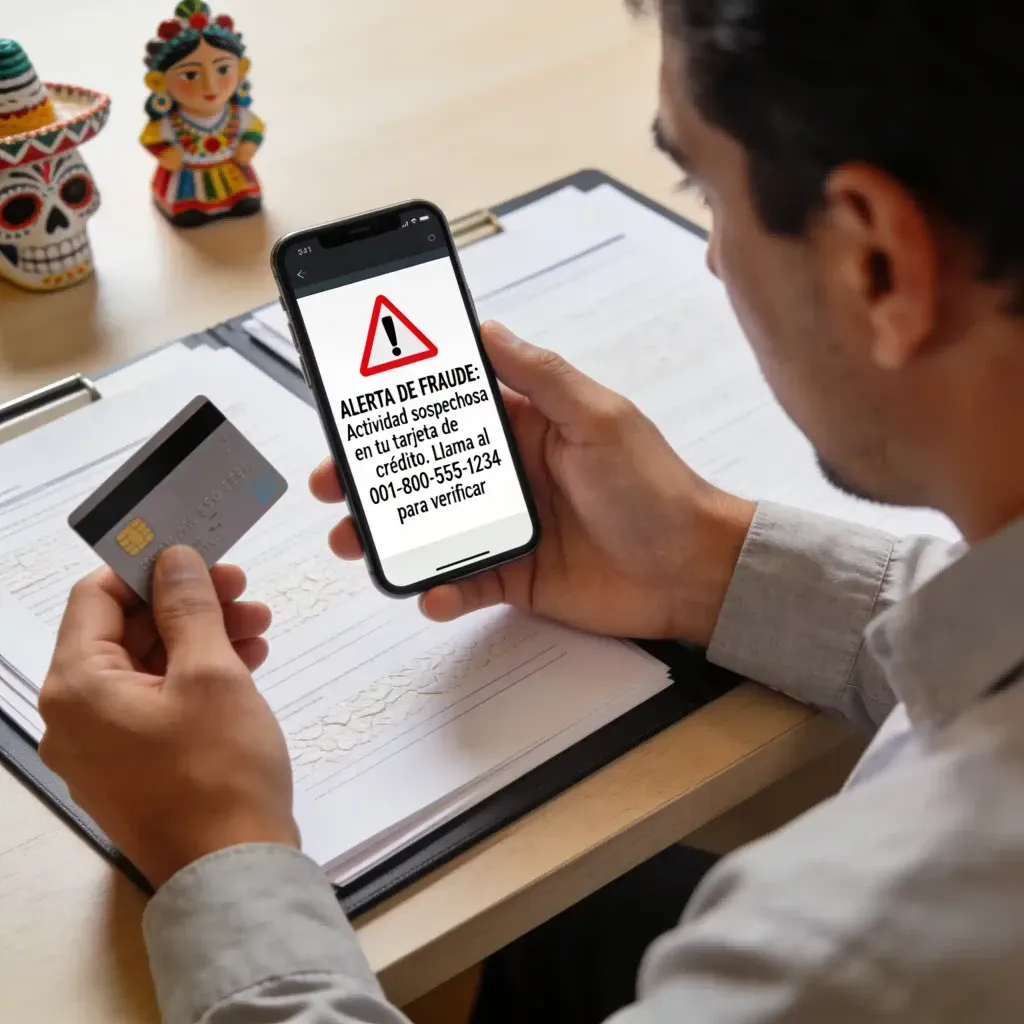 Usuario revisando un mensaje de texto con alerta de fraude en su teléfono móvil.
